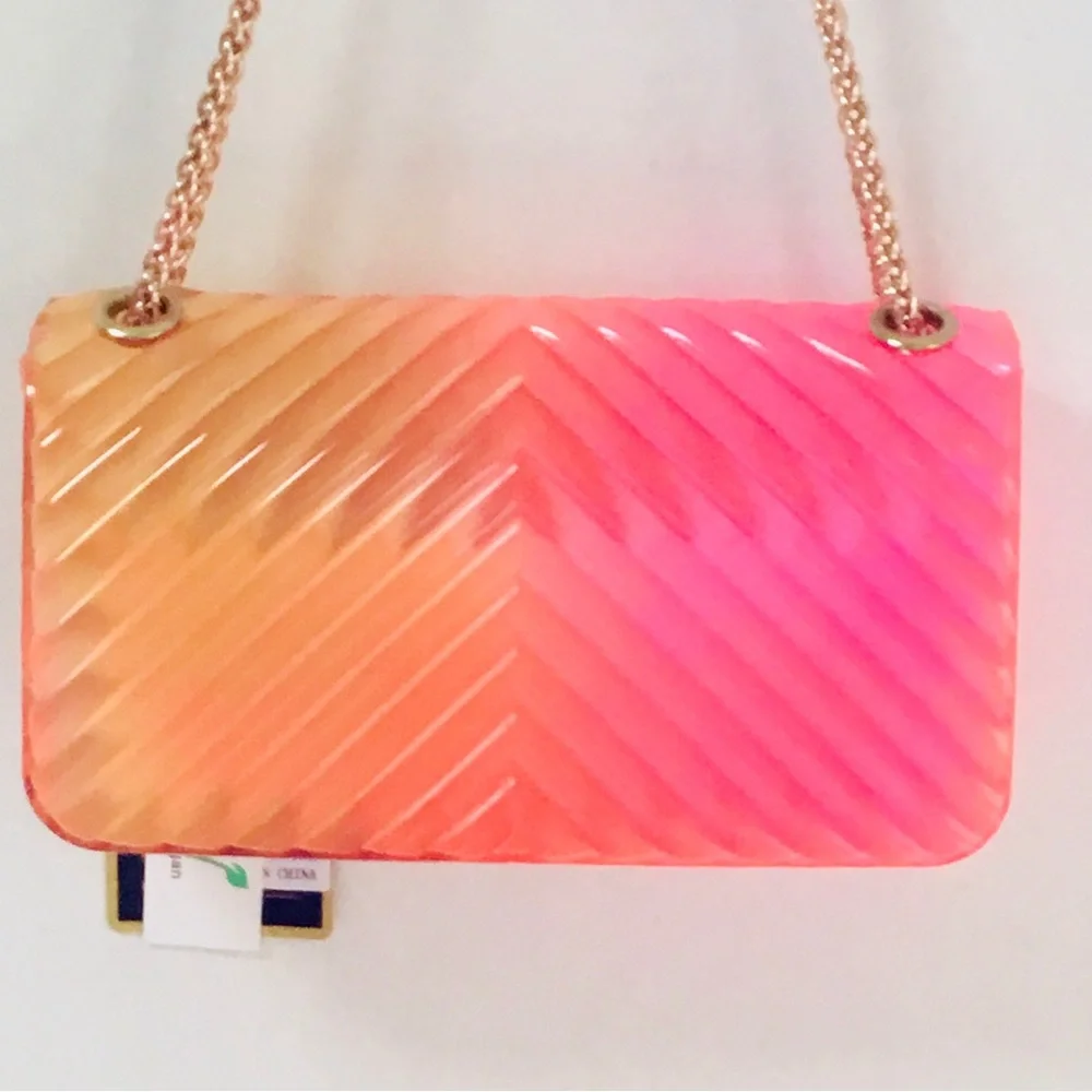 NWT Caleesa Jelly Crossbody Shoulder Bag Pink Yellow Ombre Chevron Design Flap